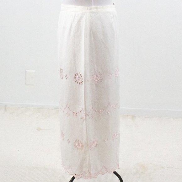 Vintage Boho Eyelet Skirt 12 Linen Pencil Midi White - Picture 5 of 9
